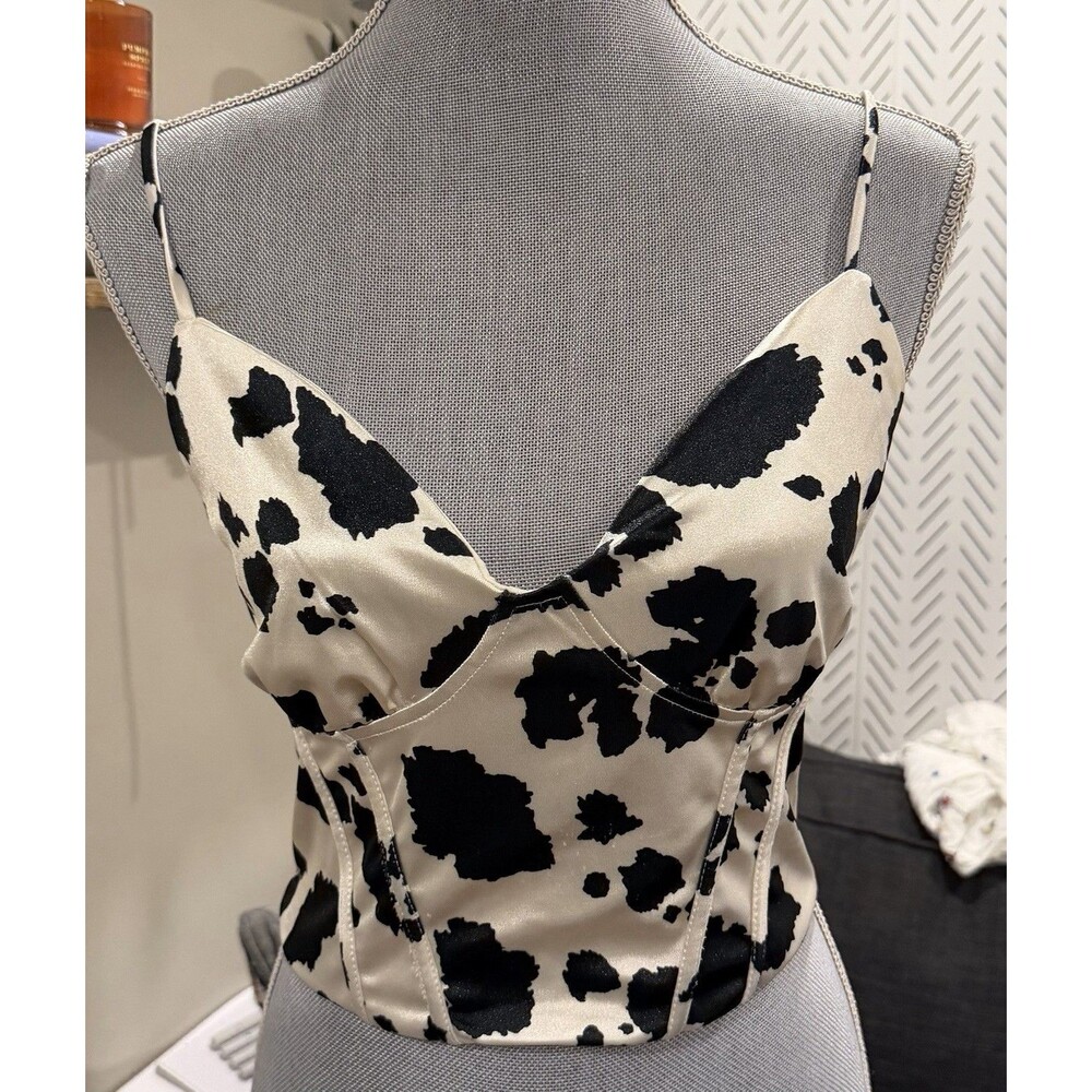 Thirty Thirty Ivory Satin Cow Print Corset Bustier Cami Top – Size L